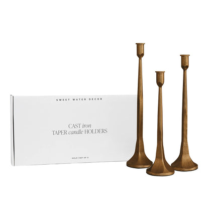 Gold Cast Iron Taper Candle Holders - Set of 3