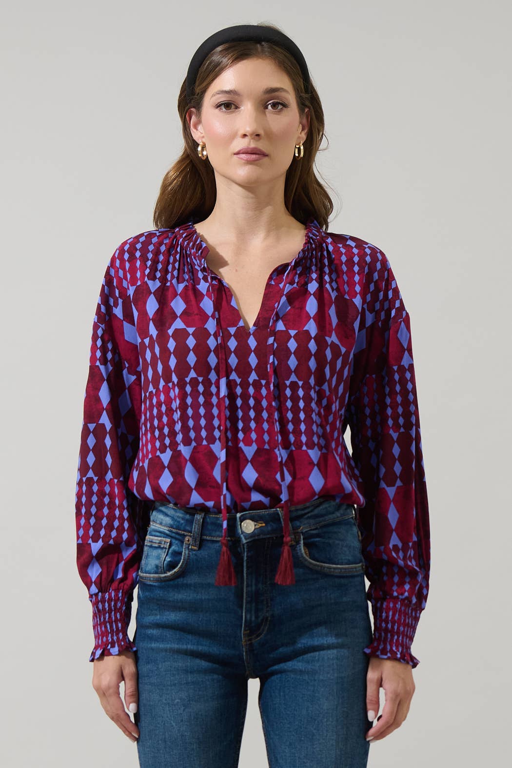 Ramsay Abstract Weylin Split-Neck Blouse – Burgundy & Blue