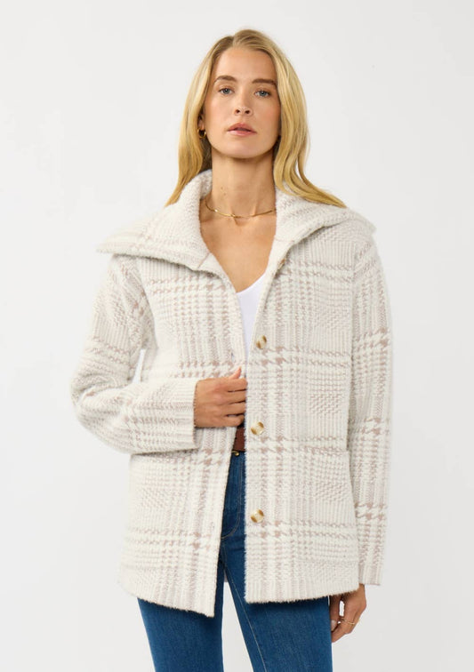 The Hadley Plaid Button-Up Sweater Jacket — Cream/Taupe
