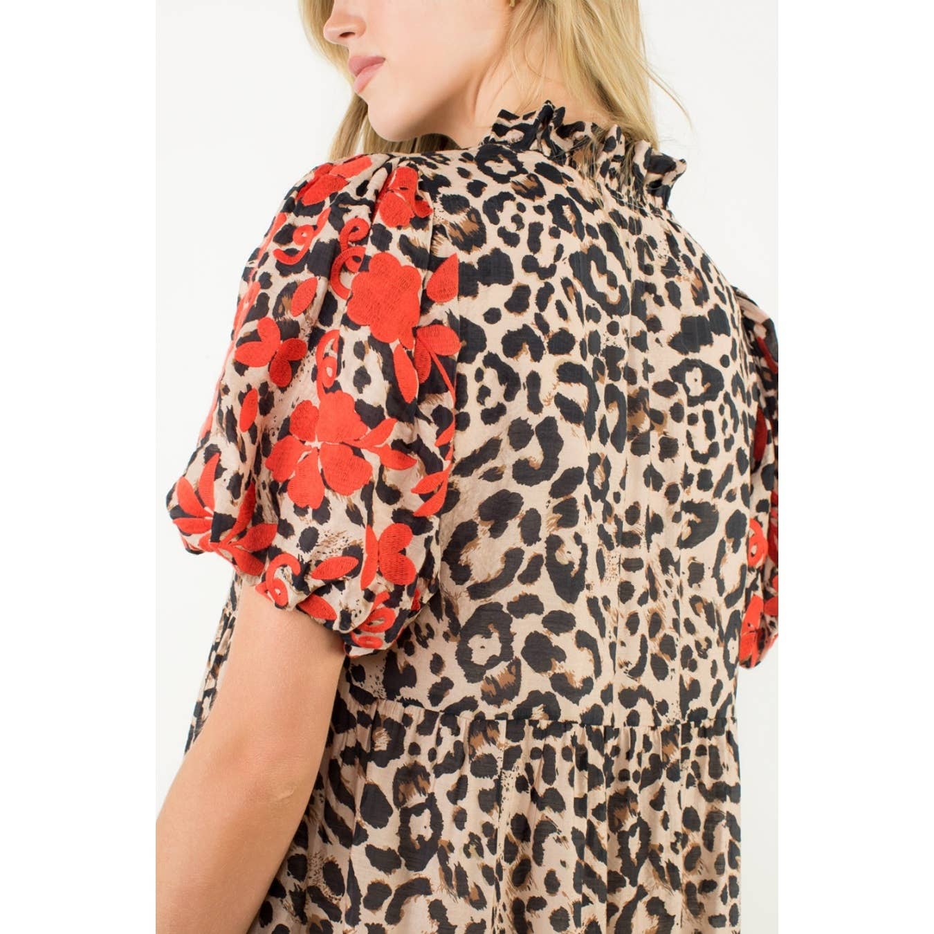 The Maren Dress — Embroidered Puff Sleeve Cheetah Dress