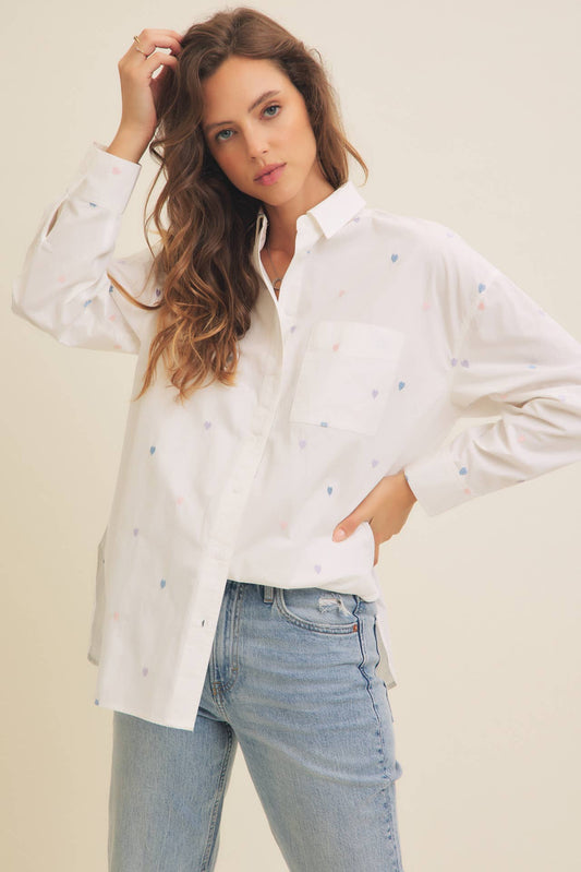 Full of Hearts Embroidery Button-Down Shirt