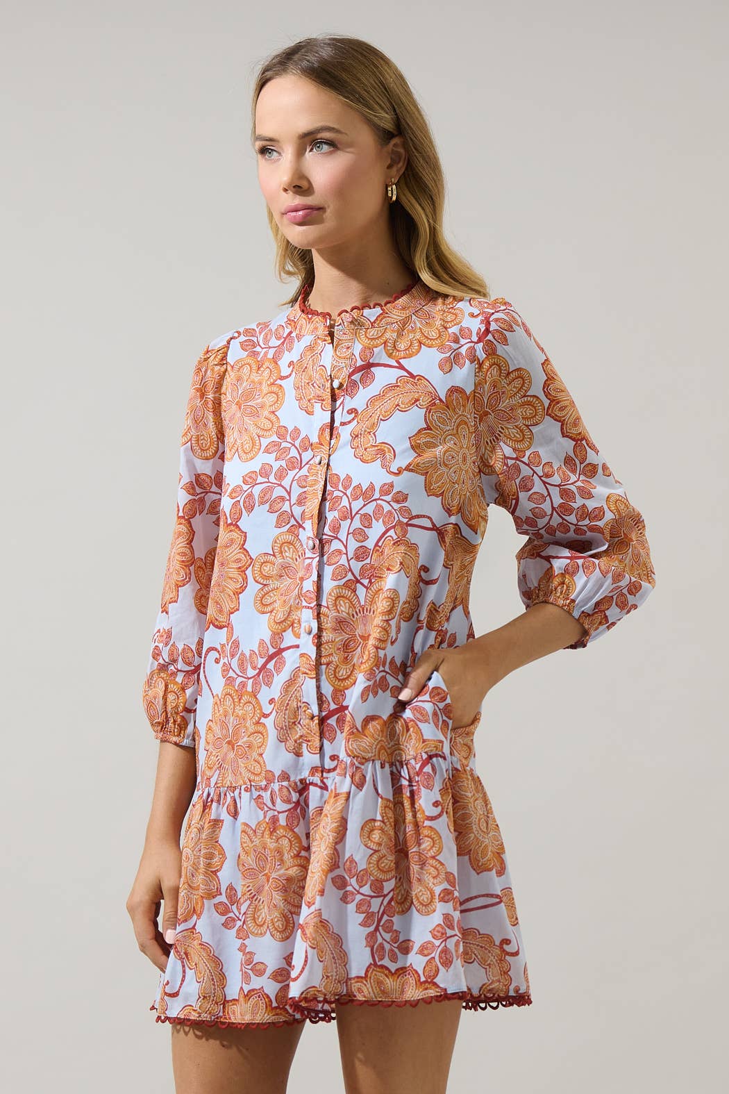 The Yamila Floral Ruffle Mini Dress (Brown & Blue)