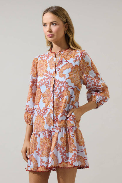 The Yamila Floral Ruffle Mini Dress (Brown & Blue)