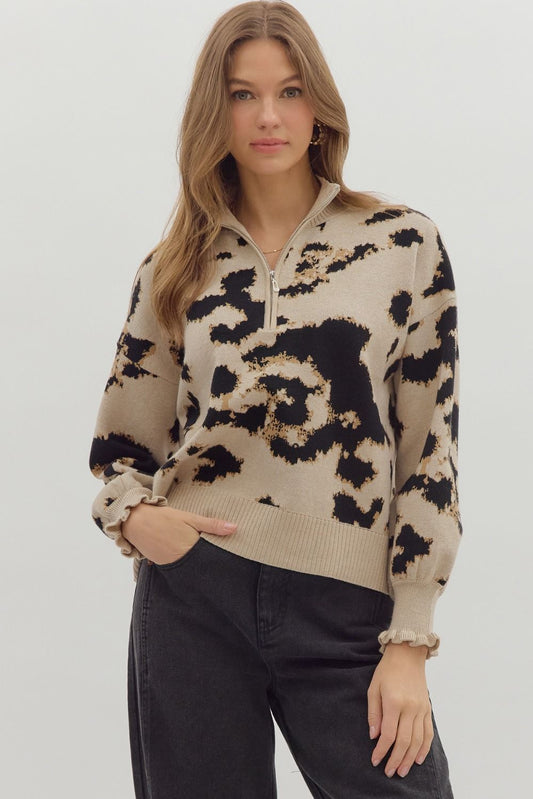 Wren Abstract Frill Knit Pullover – Taupe Entro