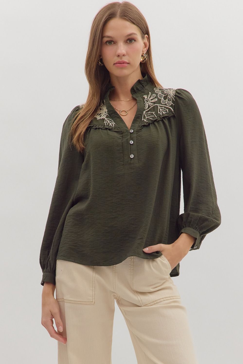 Elowen Embroidered Ruffle-Collar Top Entro