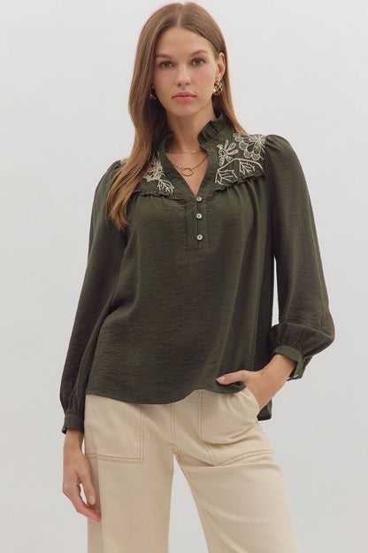 Elowen Embroidered Ruffle-Collar Top Entro
