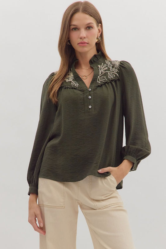 Elowen Embroidered Ruffle-Collar Top Entro