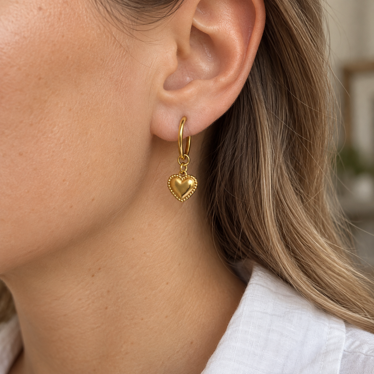 Gold Heart Charm Hoop Earrings