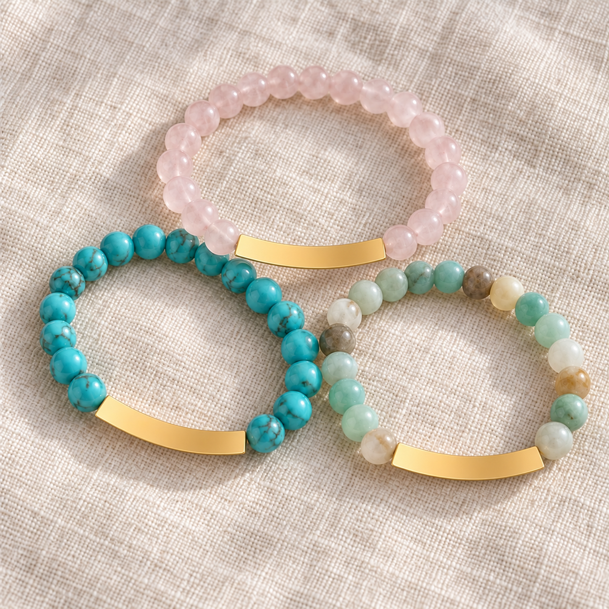 Amazonite, turquoise and rose quartz gold bar bracelets