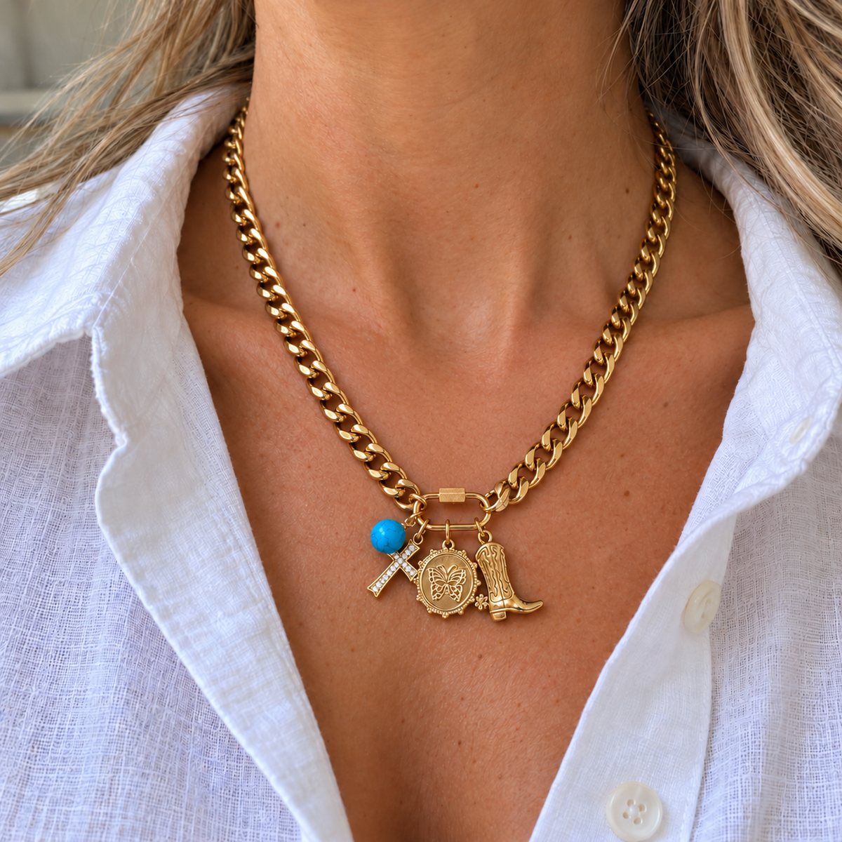 18 inch Texas charm necklace worn with white linen