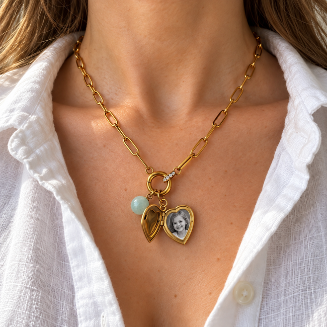 Heart locket shown open with illustrative photograph