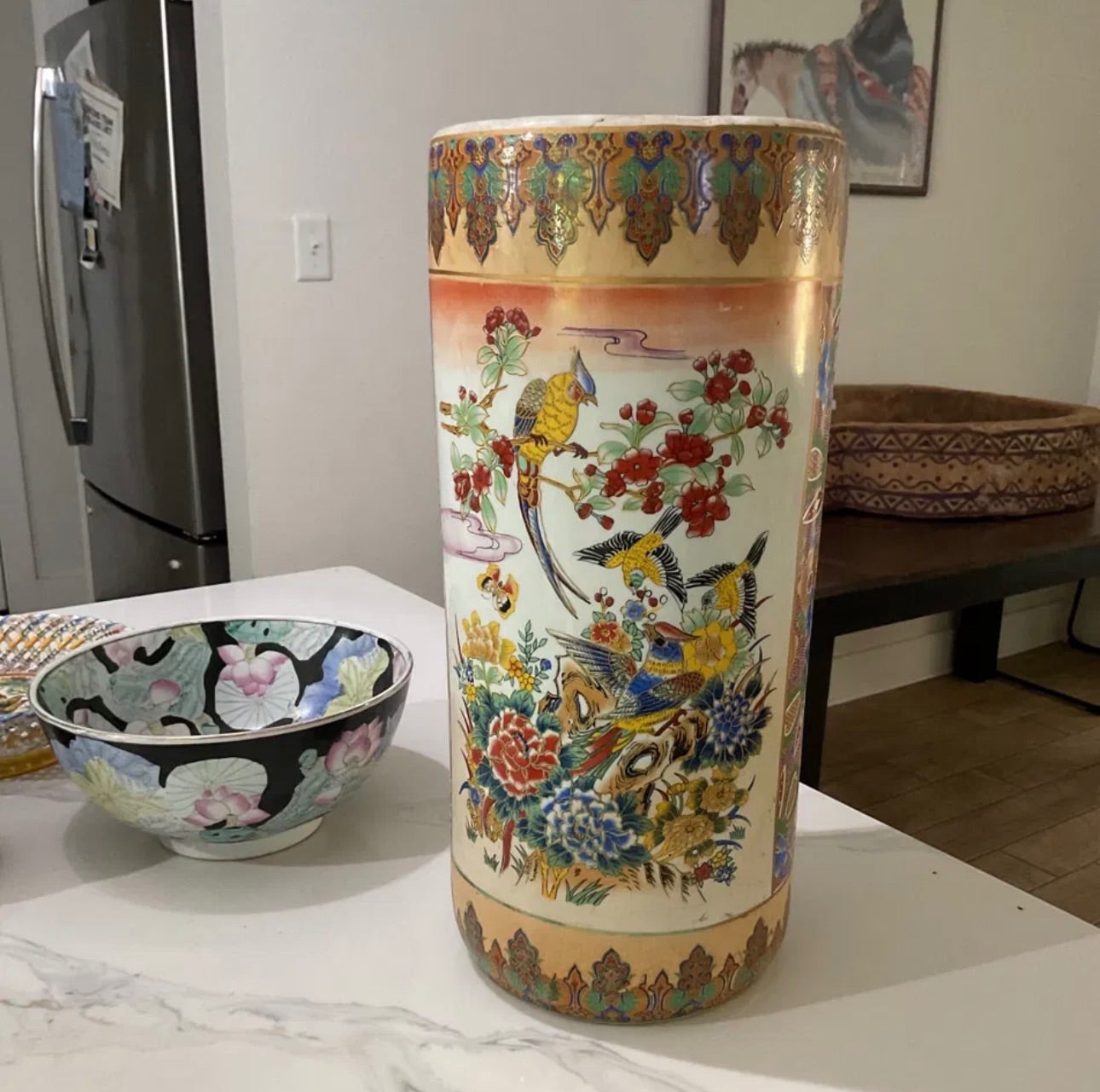Satsuma-Style Bird & Floral Cylinder Vase by China