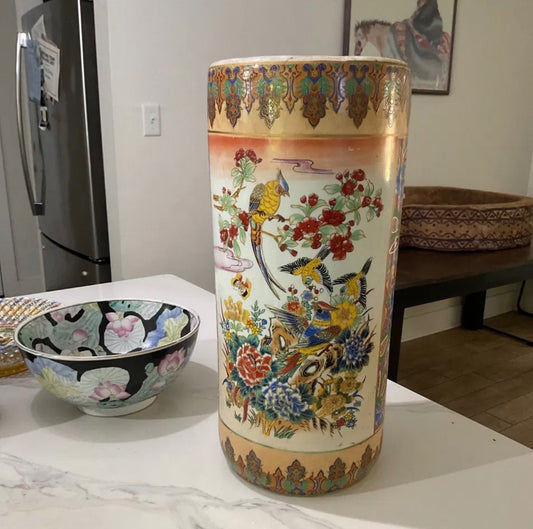 Satsuma-Style Bird & Floral Cylinder Vase by China