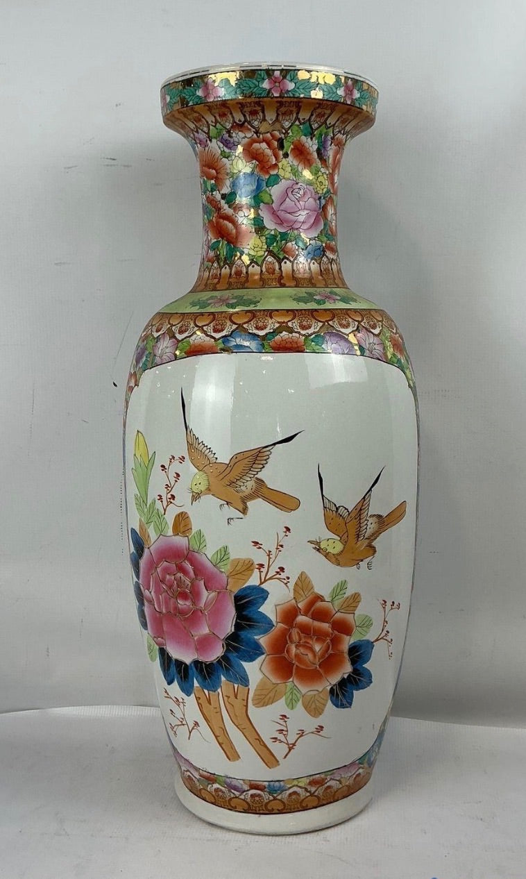 Chinese Export Rose Medallion Floor Vase with intricate floral and figurative patterns, traditional home decor piece.