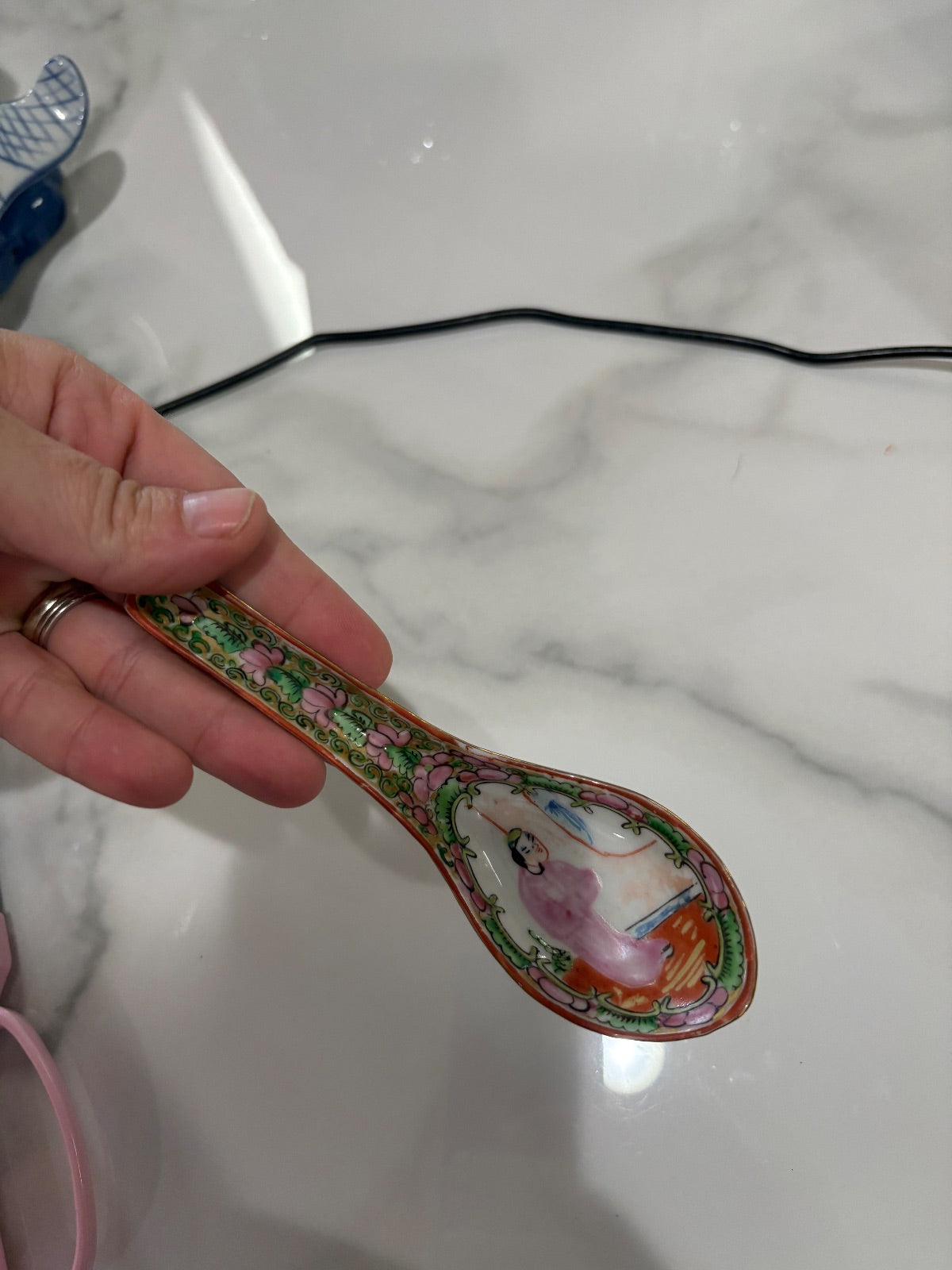 Antique Rose Medallion spoon from Fisher House Antiques with intricate floral and Chinese design, vintage home decor piece.
