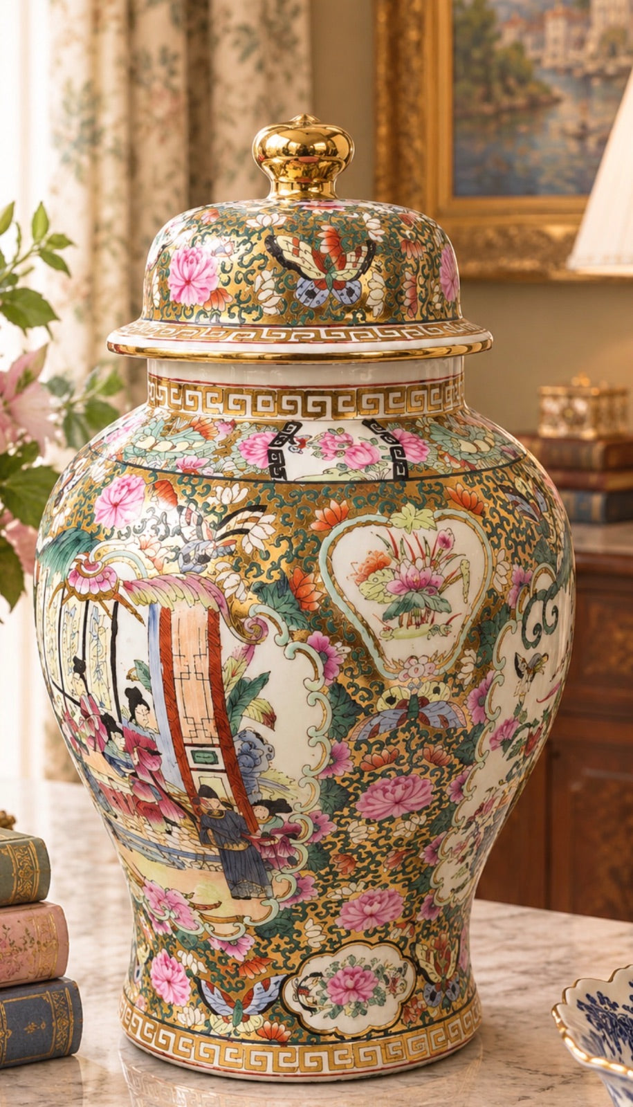 Decorative 16-inch rose medallion ginger jar for home decor, featuring intricate floral patterns on a ceramic surface.
