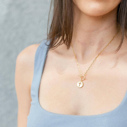 Cross Paperclip Toggle Necklace — Gold Necklace
