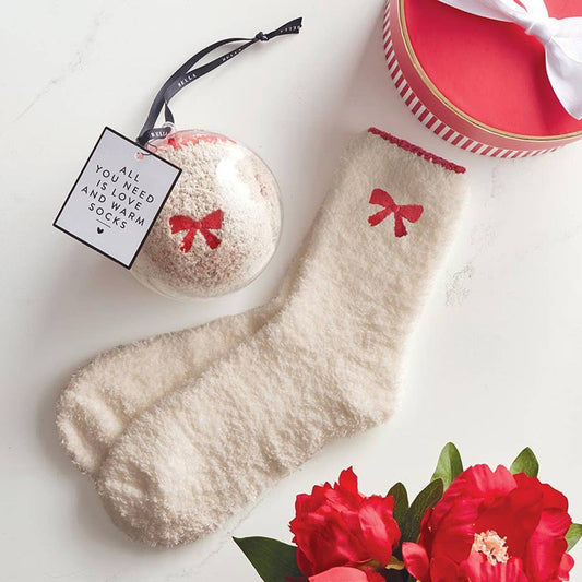 Cozy Socks in Ornament – Blush with Red Bow