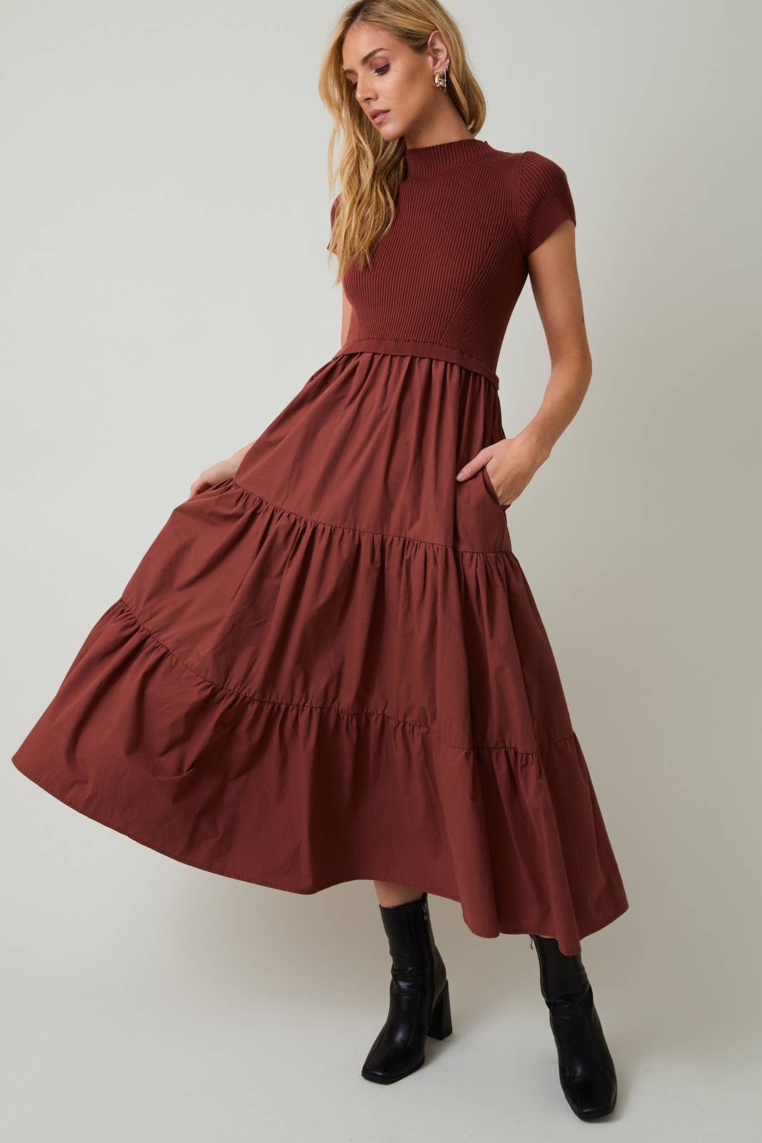 Maren Tiered Mock-Neck Midi Dress – Chestnut