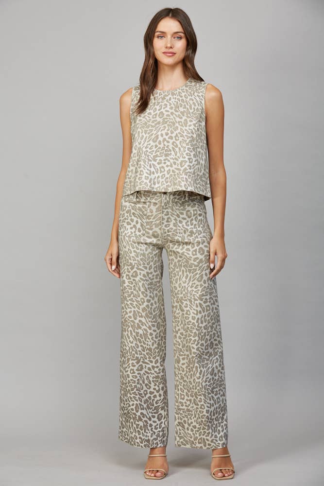 Celina Metallic Animal Print Wide-Leg Pants – Beige Multi