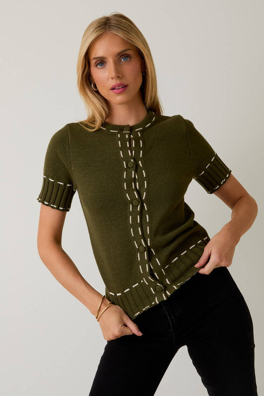 Round Neck Stitch Detail Sweater Cardigan – Olive