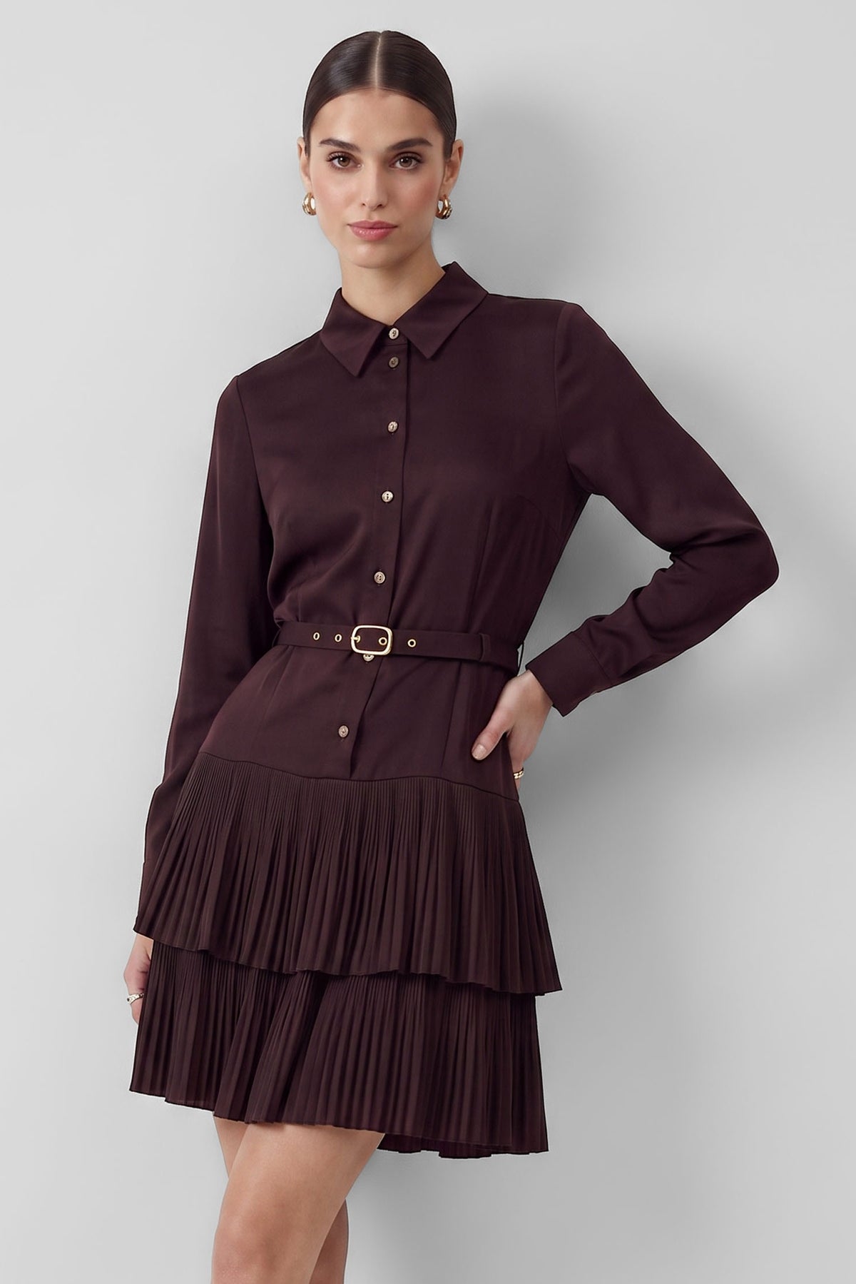 Cherry Lacquer Pleated Shirt Dress in Cherry Lacquer