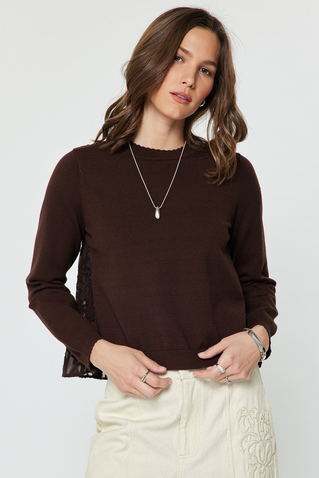 Floral Back Mixed Media Sweater in Brown