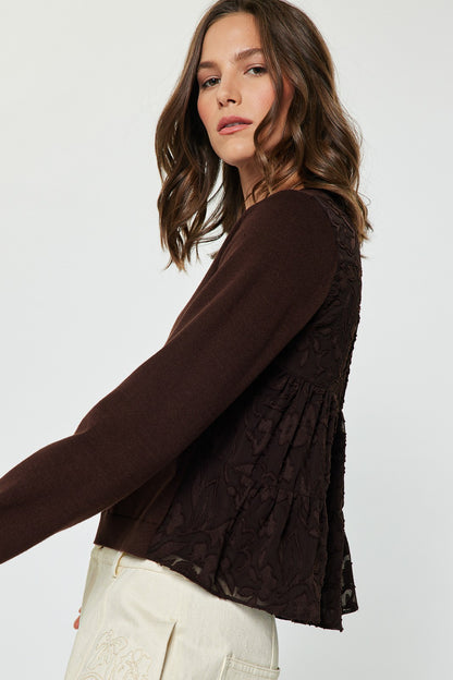 Floral Back Mixed Media Sweater in Brown — detail view