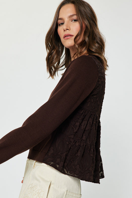 Floral Back Mixed Media Sweater in Brown — detail view