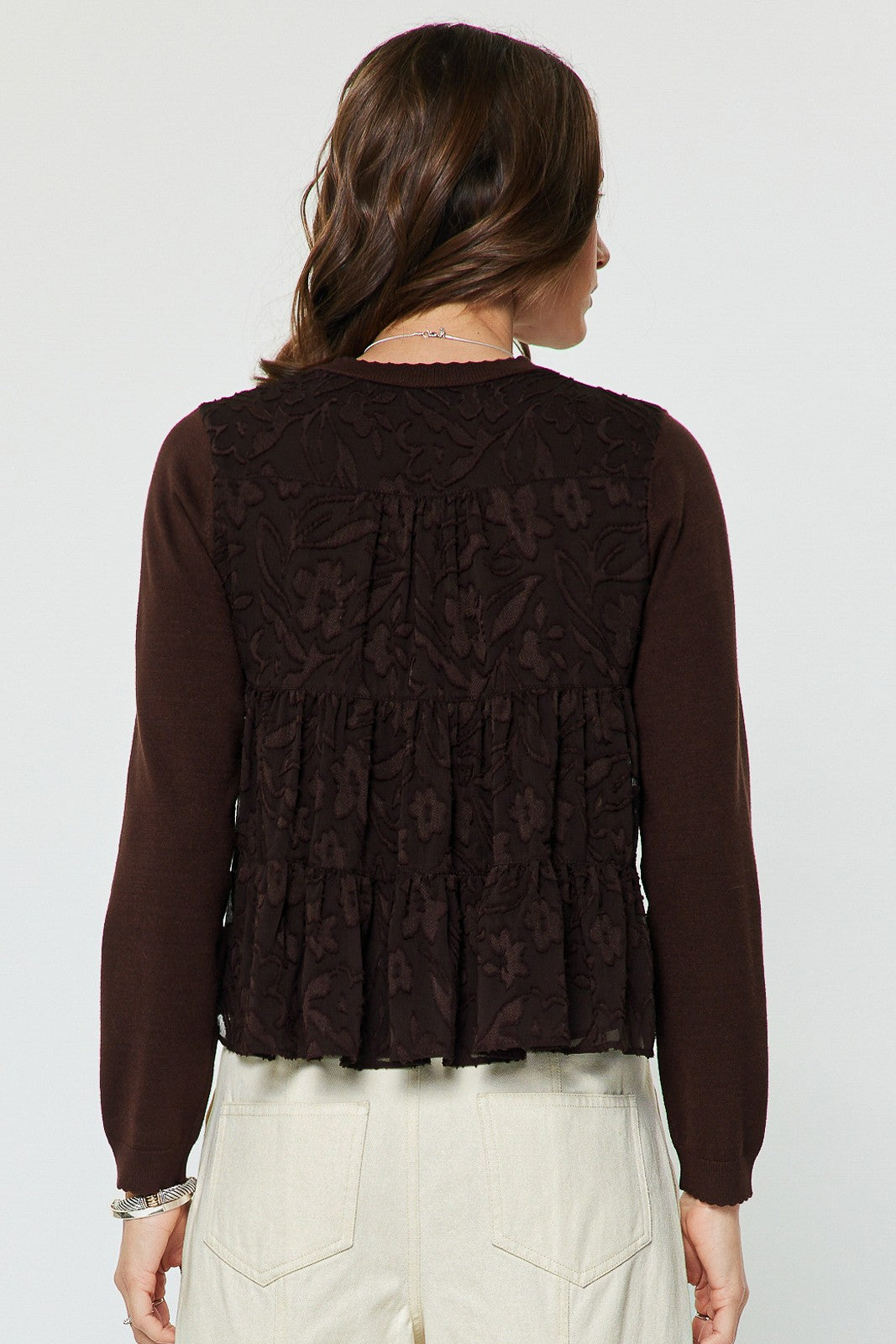 Floral Back Mixed Media Sweater in Brown — detail view