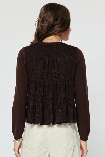 Floral Back Mixed Media Sweater in Brown — detail view