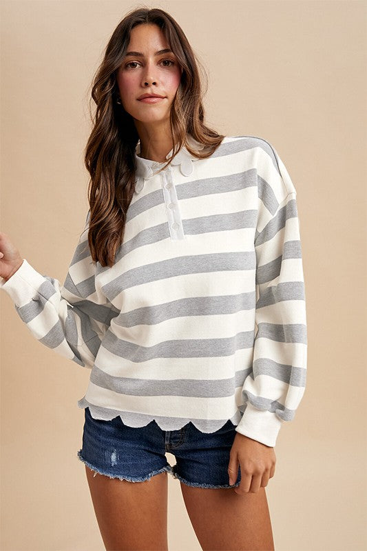 Scallop Edge Striped Cotton Polo — H GREY/IVORY