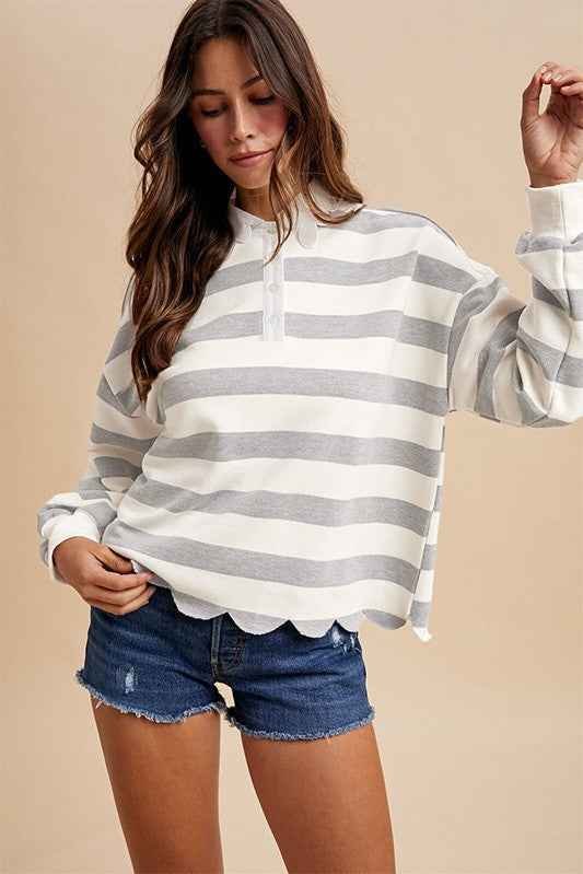 Scallop Edge Striped Cotton Polo — H GREY/IVORY — detail view