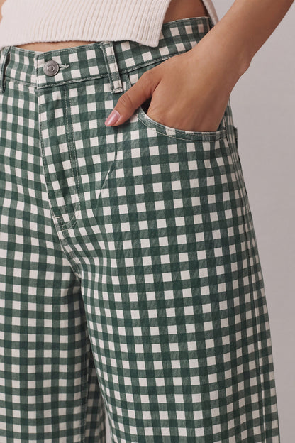 Brown Gingham Barrel Pants — Brown
