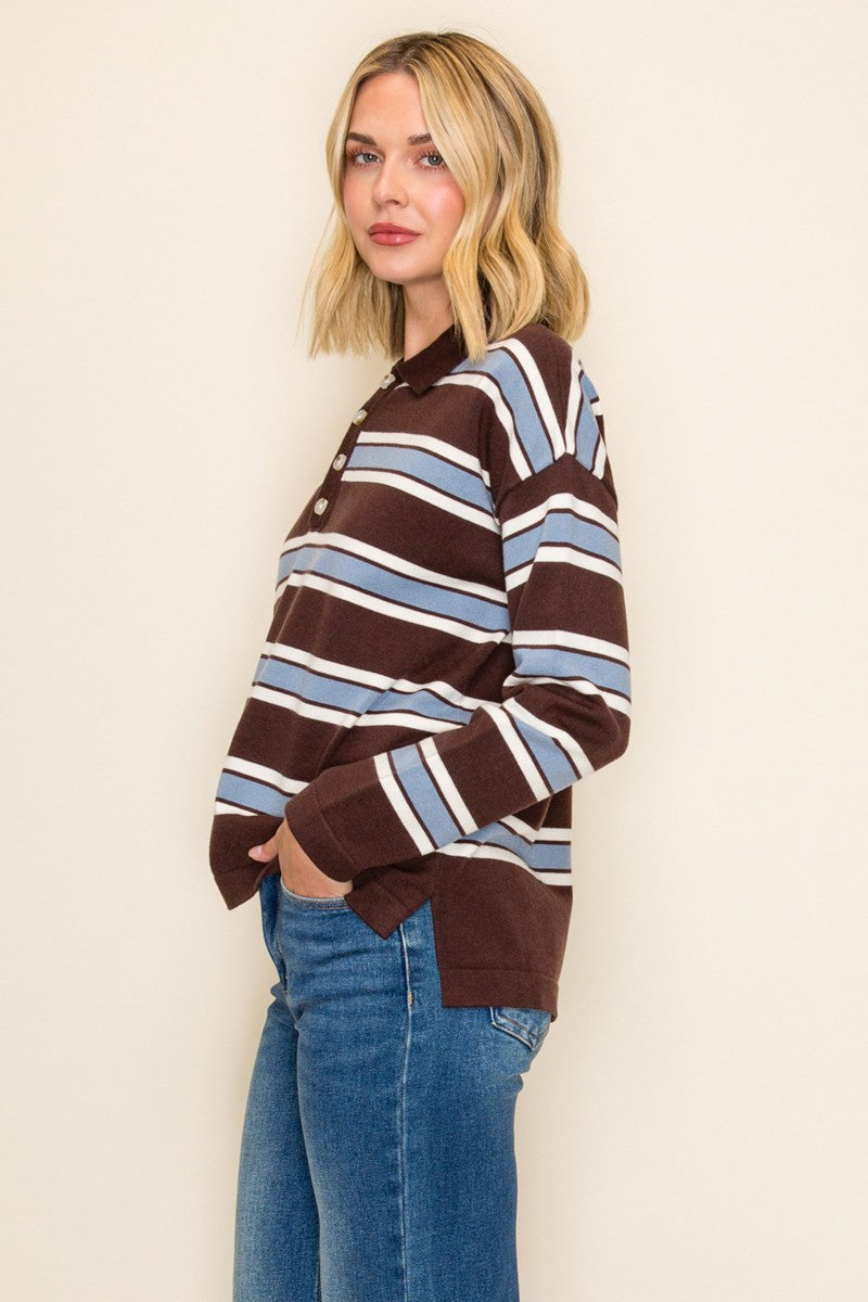 Brown & Teal Striped Knit Polo — DK.BROWN/TEAL/IVORY