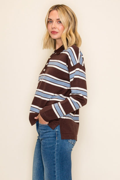 Brown & Teal Striped Knit Polo — DK.BROWN/TEAL/IVORY