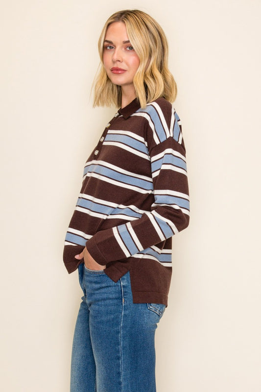 Brown & Teal Striped Knit Polo — DK.BROWN/TEAL/IVORY