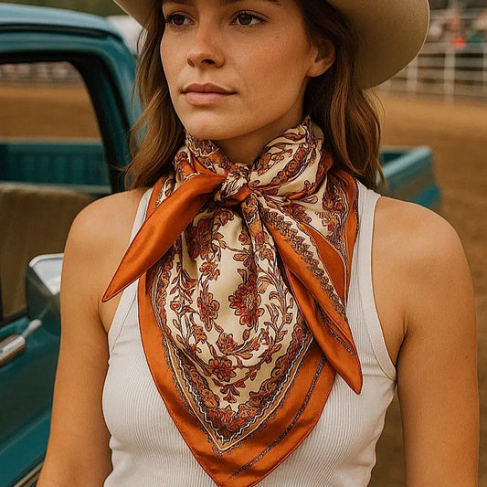 The Burnt Orange Heirloom Scarf worn at the neck