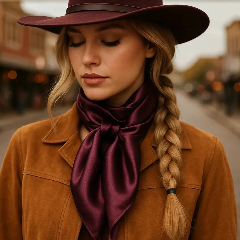 The Merlot Square Scarf worn at the neck