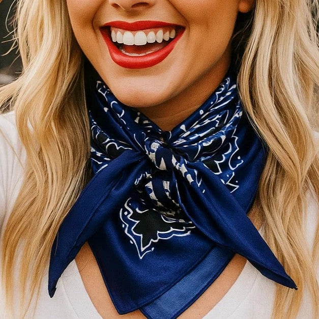 The Midnight Paisley Square Scarf worn at the neck