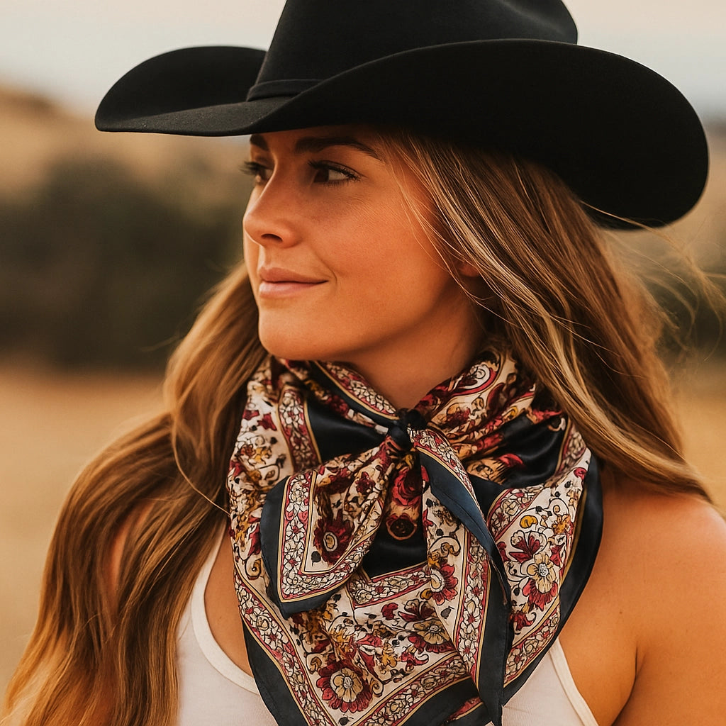 The Equestrian Navy Floral Scarf worn at the neck