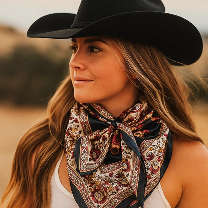 The Equestrian Navy Floral Scarf worn at the neck