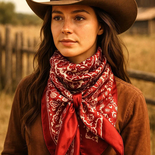 The Red Ranch Paisley Scarf worn at the neck