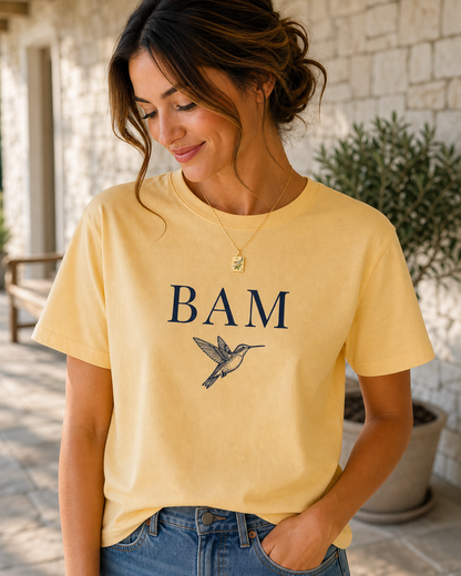 The Songbird Mahjong Tile Necklace styled with the BAM tee