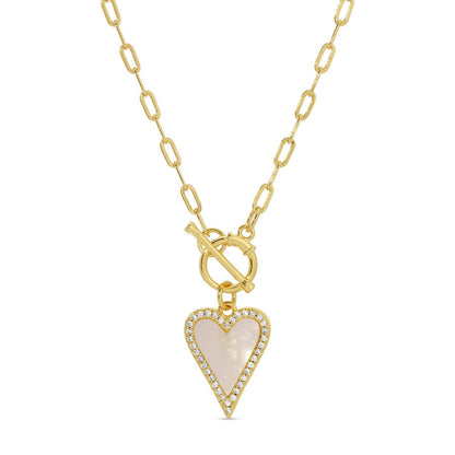 Mother-of-Pearl Pavé Heart Toggle Necklace — Gold