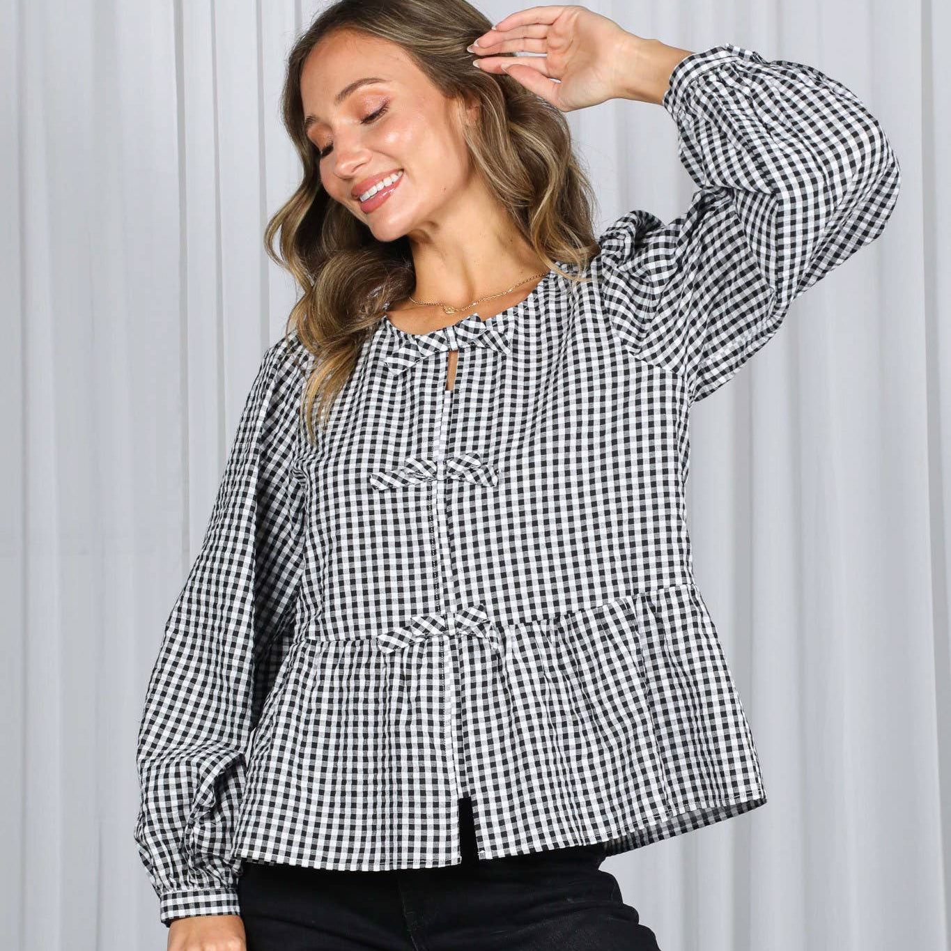 Charming Gingham Bow Blouse (Black)