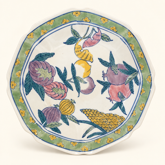 Octagonal Plate – Fruits of Longevity on an ivory background