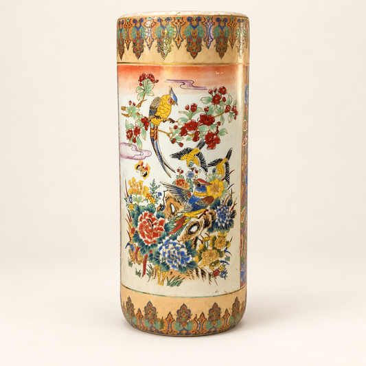 Satsuma-Style Bird & Floral Cylinder Vase on an ivory background