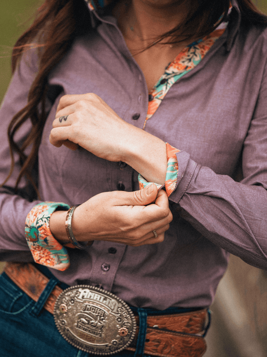Brown chambray women's western button-down shirt by Frank & Rio, featuring a butterfly pattern and classic western style.