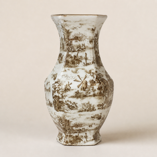 Hexagonal sepia transferware baluster vase on an ivory studio background